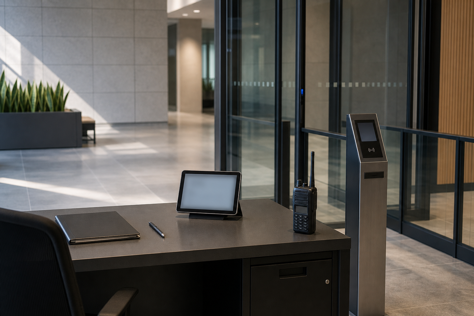 Modern reception desk with tablet, radio, and a security kiosk in a spacious, minimalist lobby.