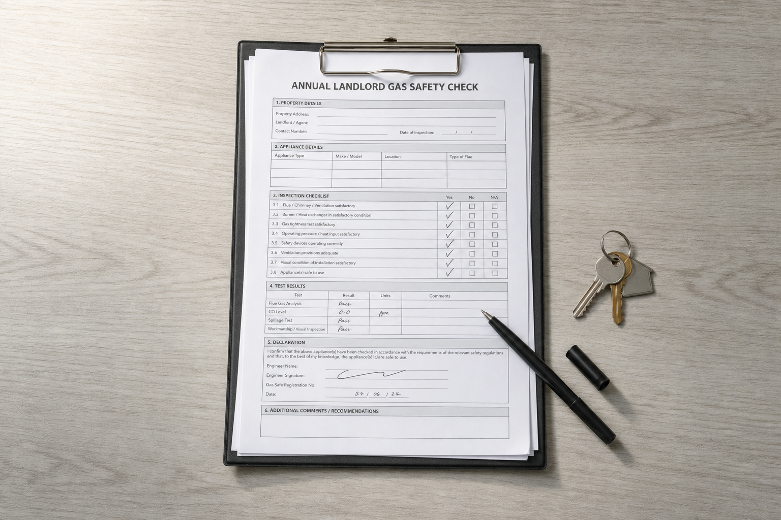 Annual gas safety check form on a clipboard next to keys and a pen on a wooden surface.