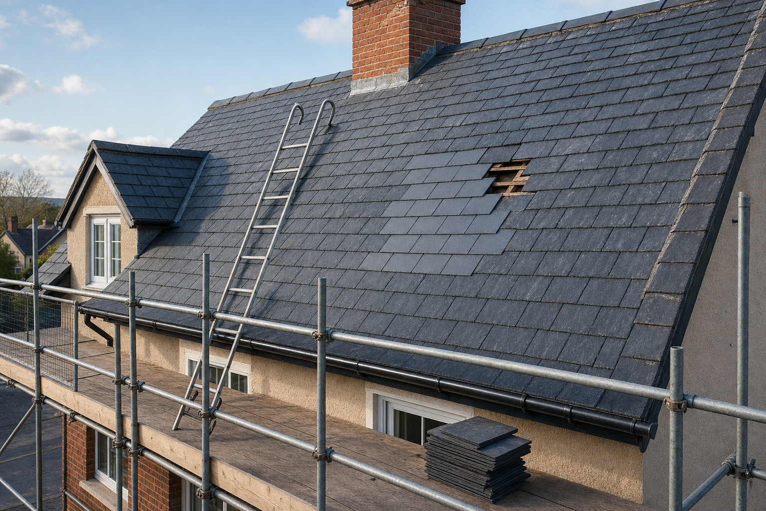 A house roof under repair with scaffolding, a ladder, and missing slate tiles near the chimney.