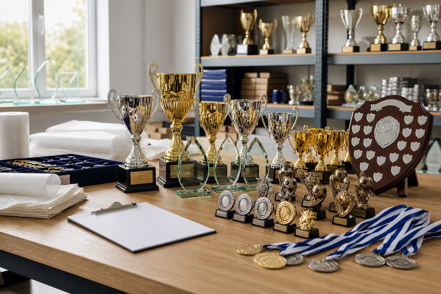 A table filled with various trophies, medals, and awards in front of a window.