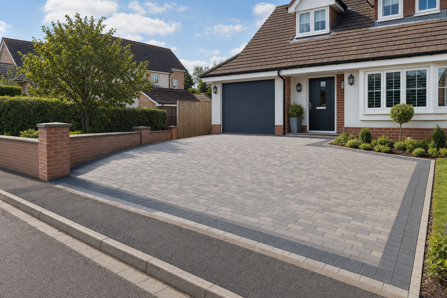Modern house with a neatly paved driveway, brick accents, and surrounding garden on a sunny day.