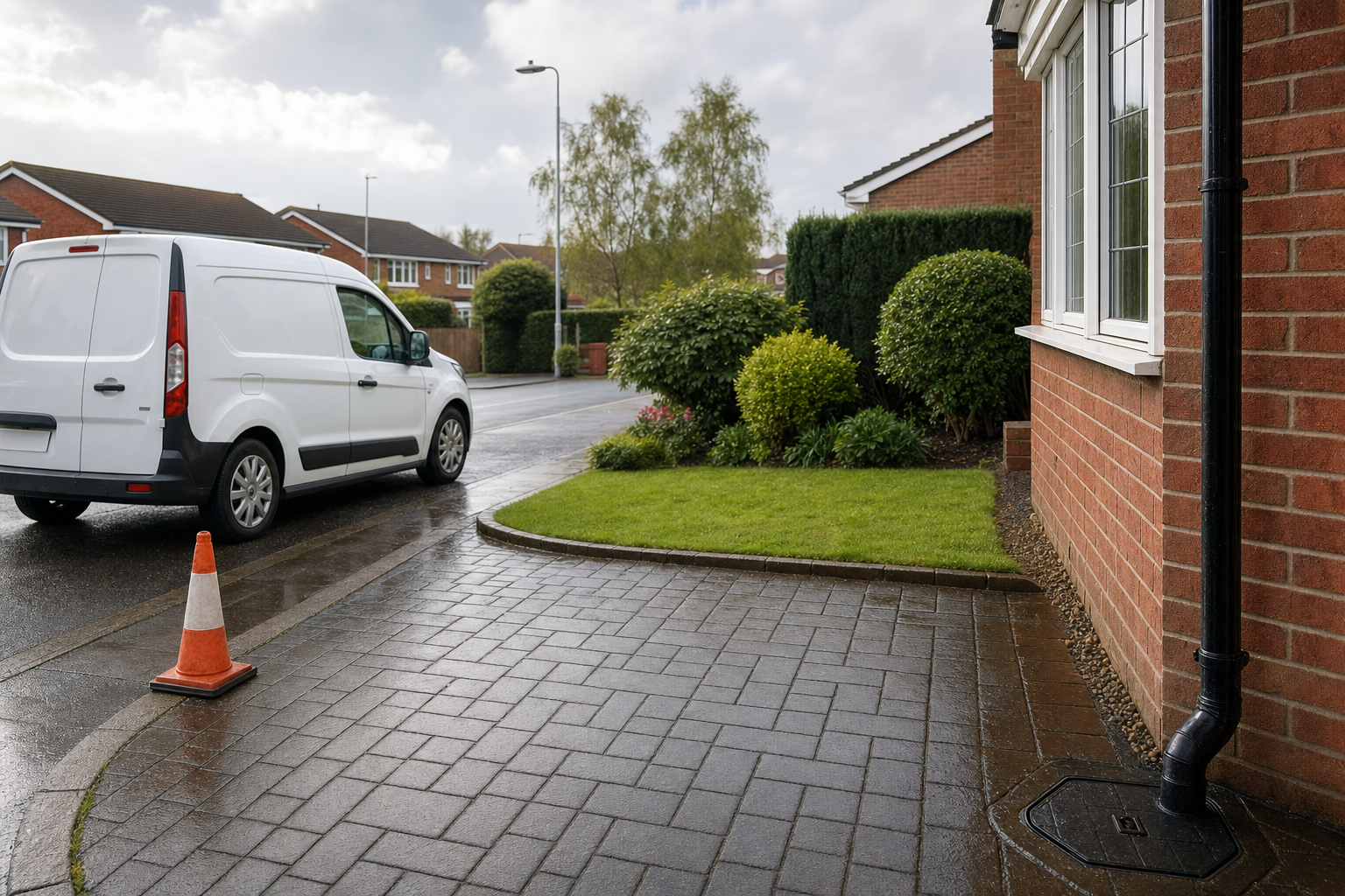 White van parked on a wet driveway next to a house with a traffic cone and garden.