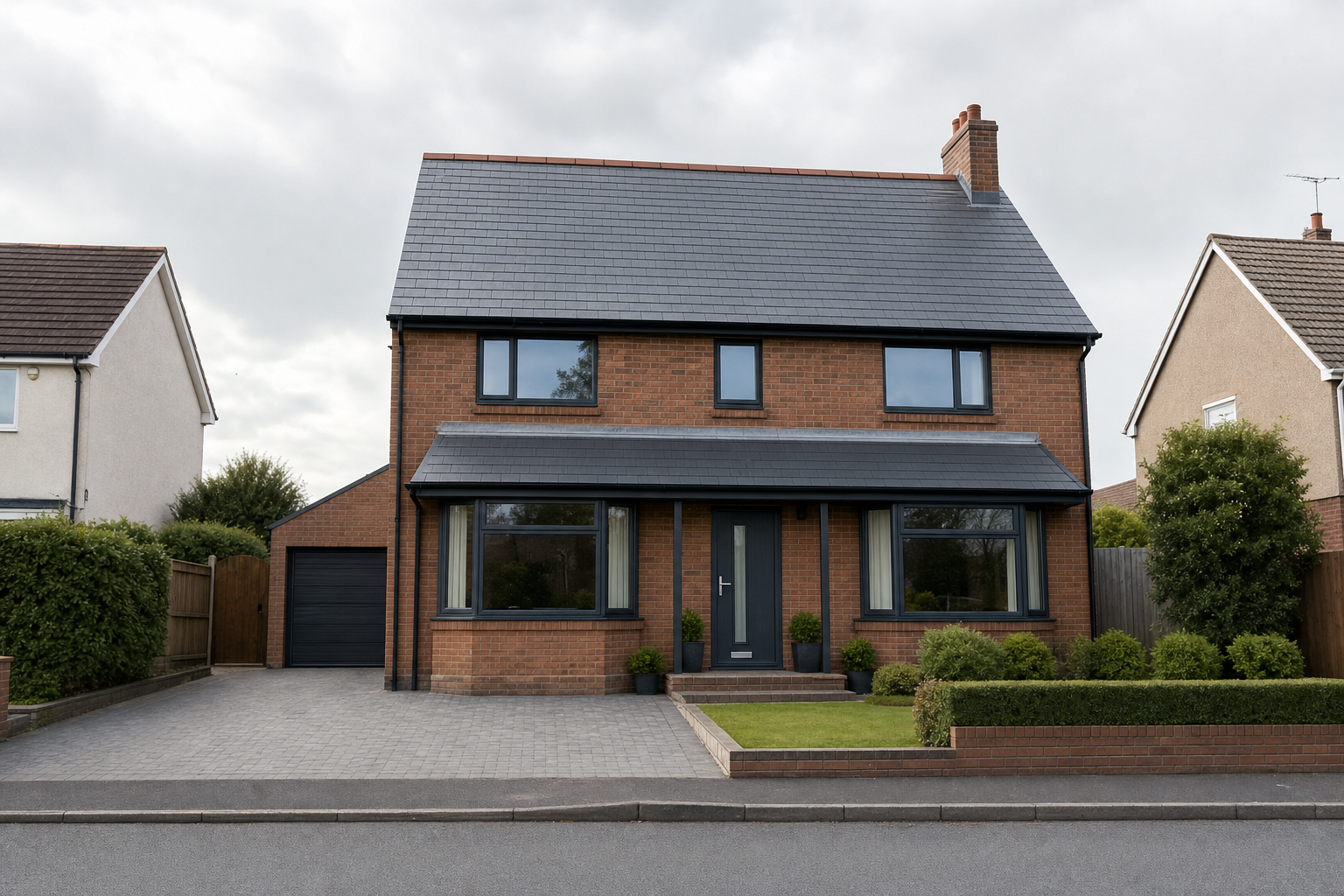 Red-brick detached house with a grey roof, garage, and neatly trimmed front garden on a suburban street.