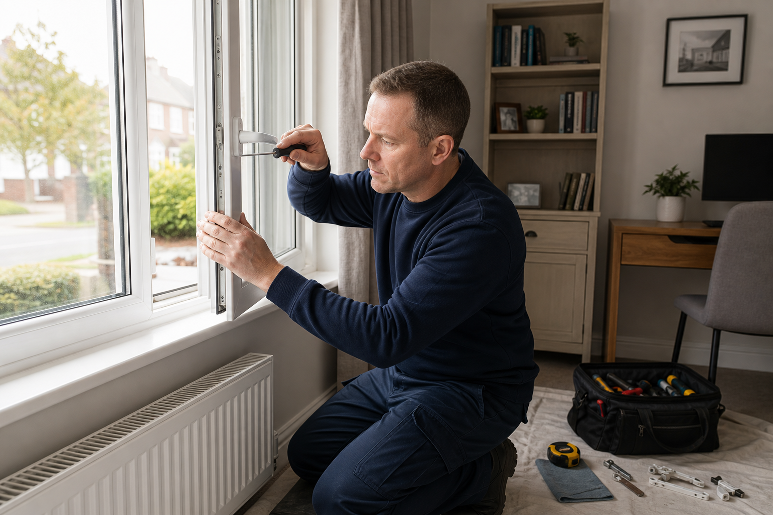Man fixing a window latch with a screwdriver in a home setting.