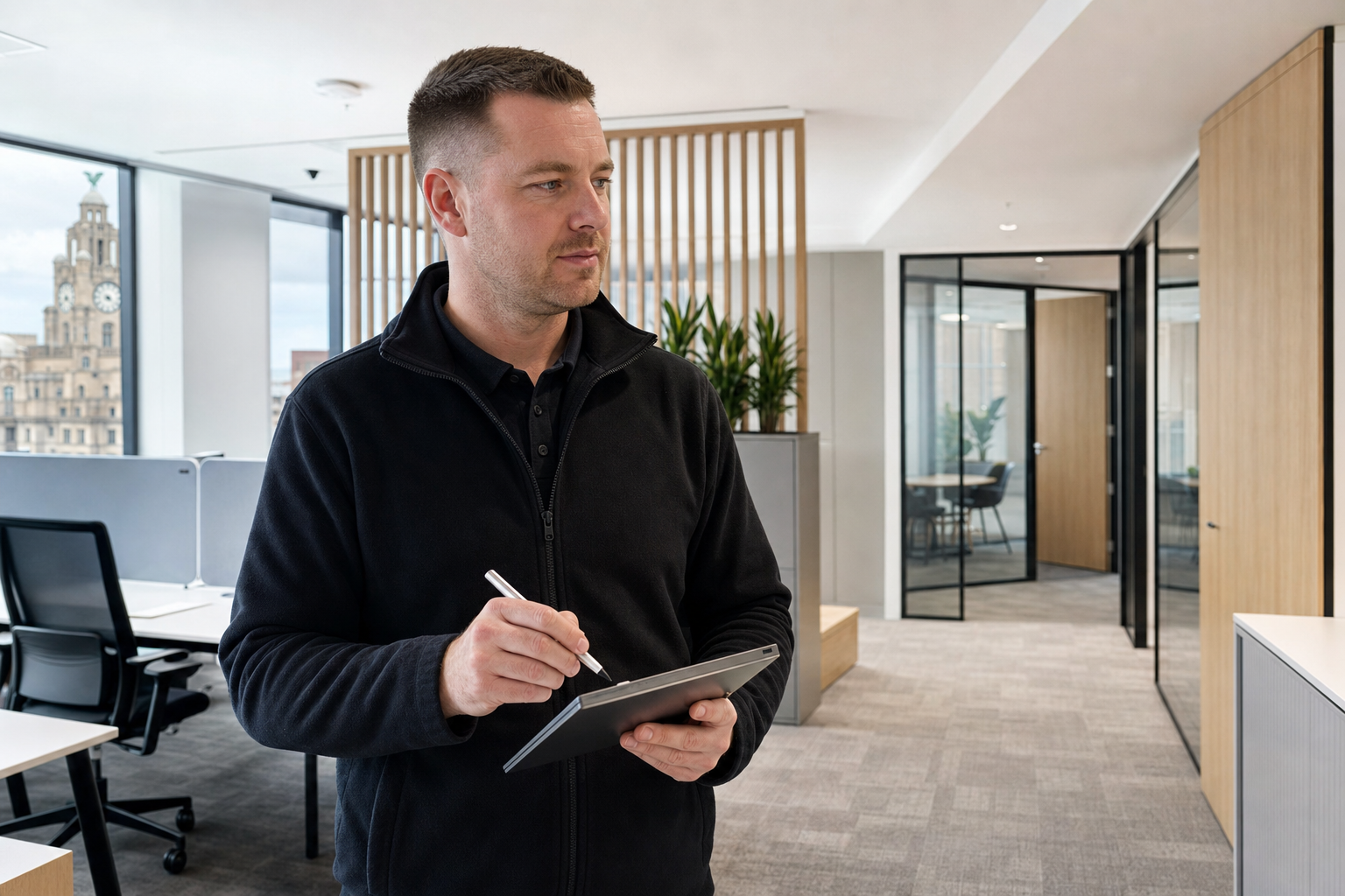 Man writing on a tablet in a modern office with a view of a historic building in the background.