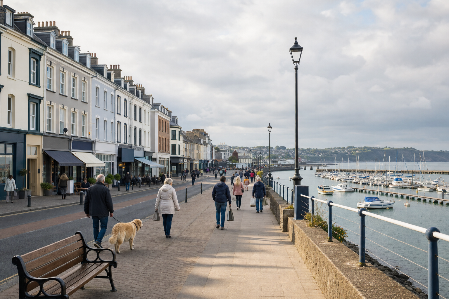 People stroll along a seaside promenade lined with shops, overlooking a marina filled with boats.