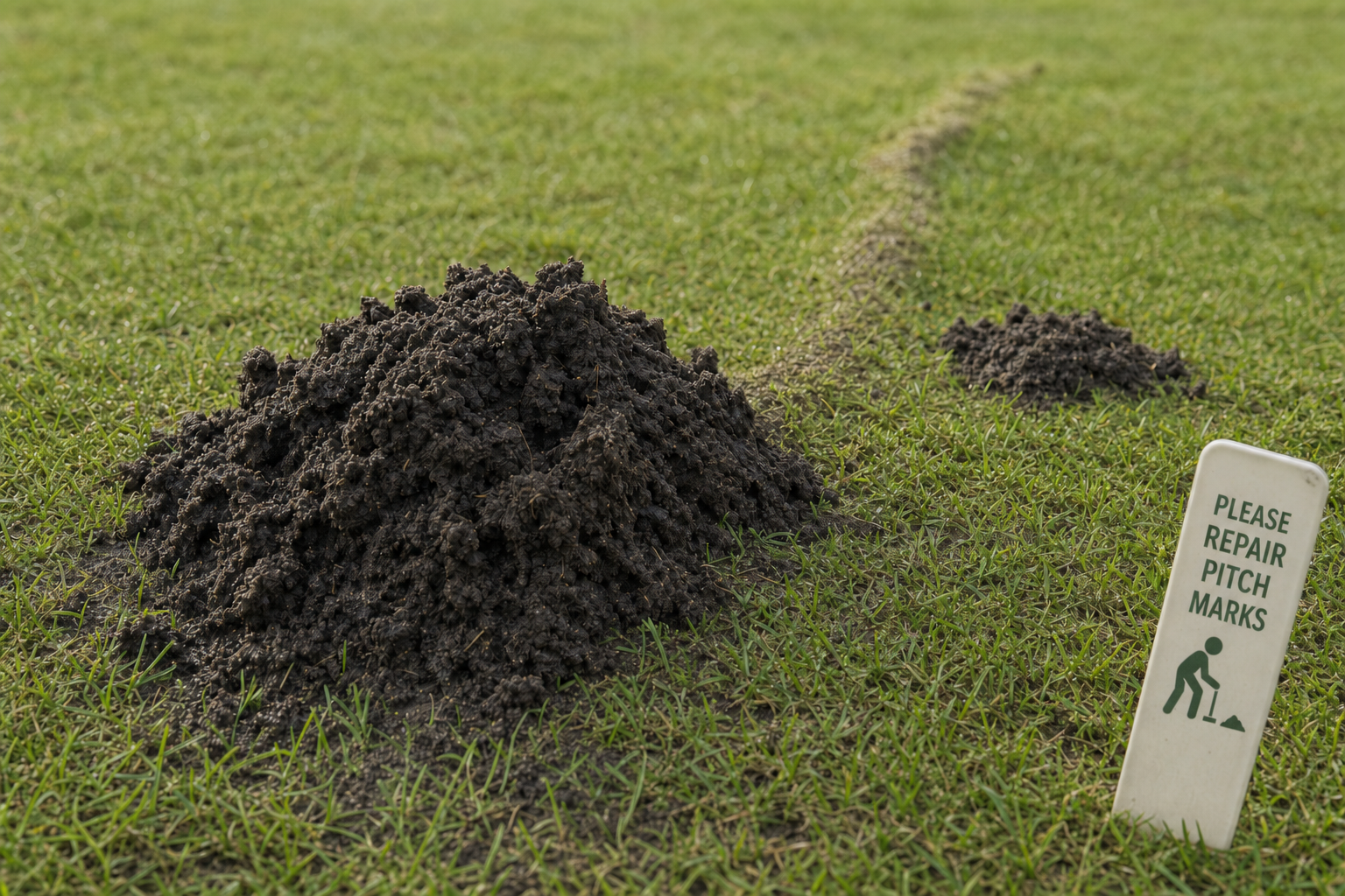 A mound of soil on a grassy field next to a sign requesting repair of pitch marks.