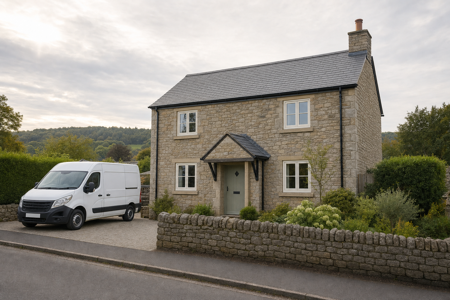 A stone cottage with a white van parked in the driveway, set against a scenic countryside backdrop.