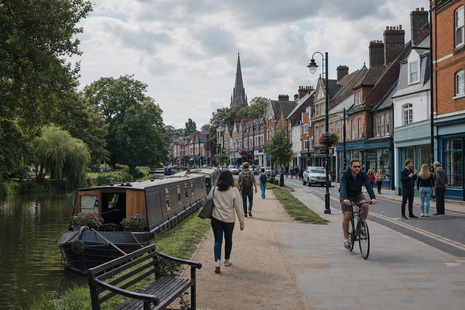 Busy canal side with people walking and a cyclist passing by historic brick buildings under a cloudy sky.