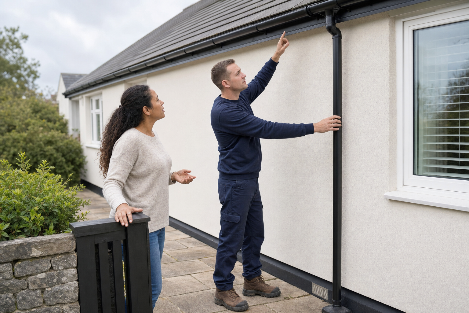 A man and a woman discuss the condition of a house's guttering and downpipe.