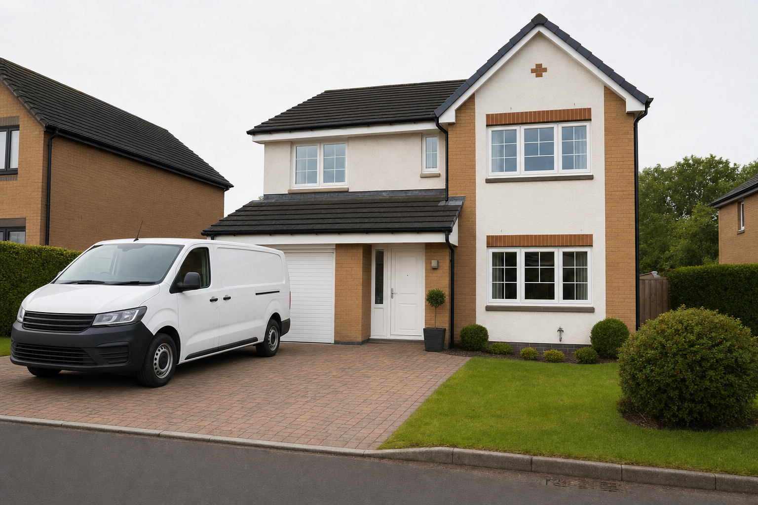 A white van parked on the driveway of a modern detached house with a well-kept lawn.