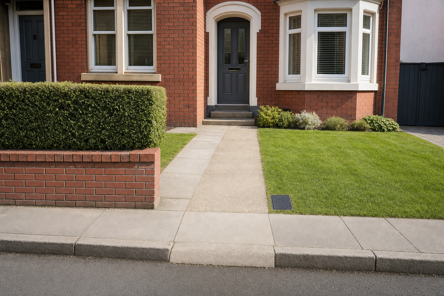 Red brick house entrance with a grey door, bordered by a trimmed hedge and a neatly manicured lawn.