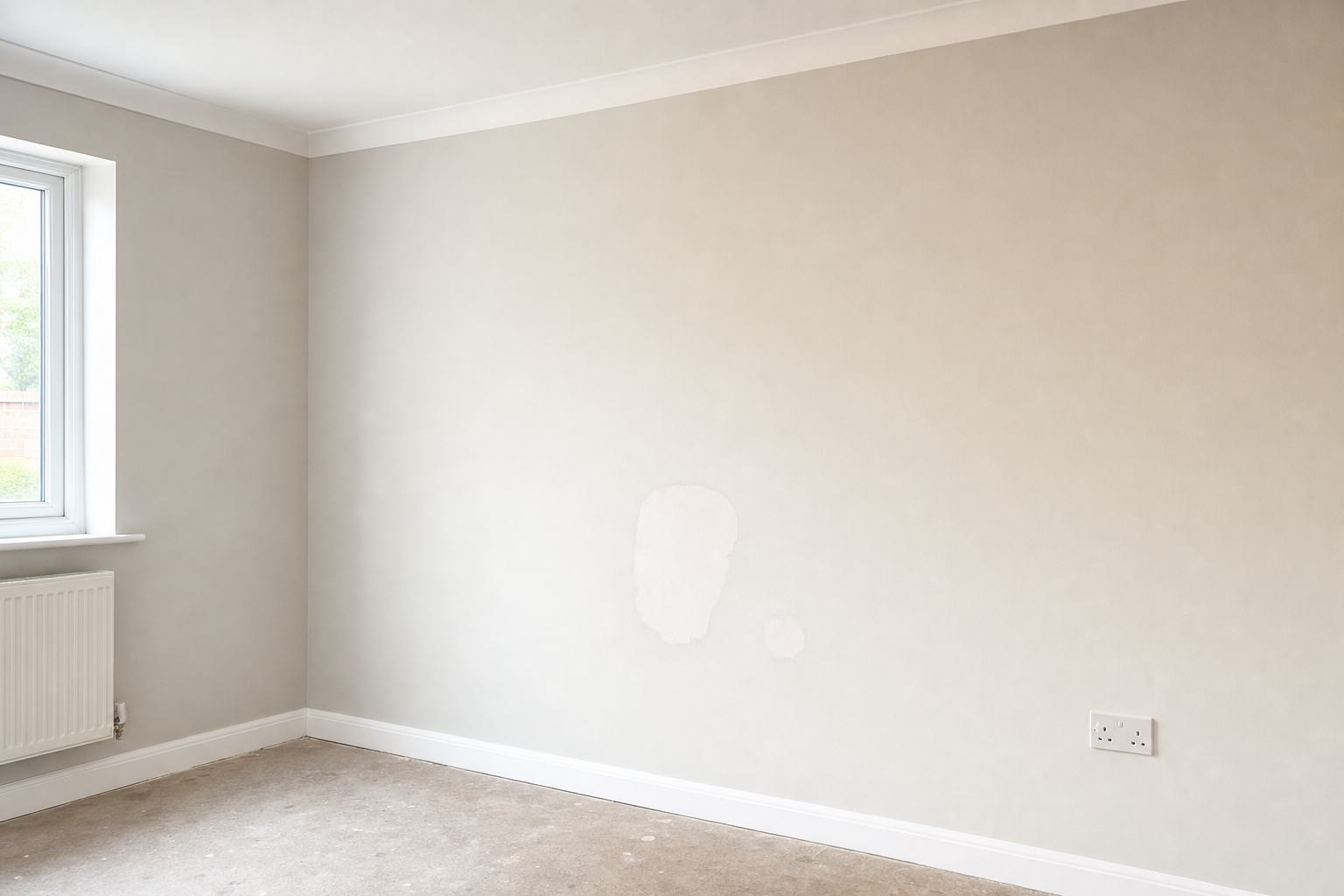 Empty room with a patch on a beige wall, near a window and a radiator.
