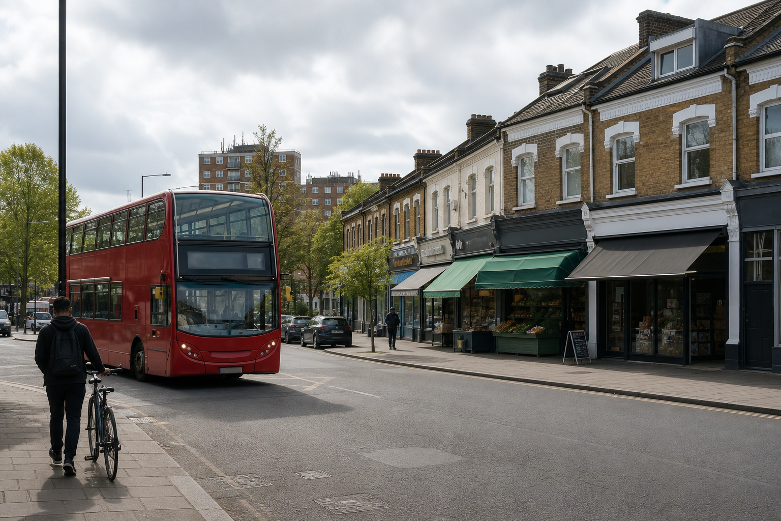 Red double-decker bus passing by shops on a tree-lined urban street.