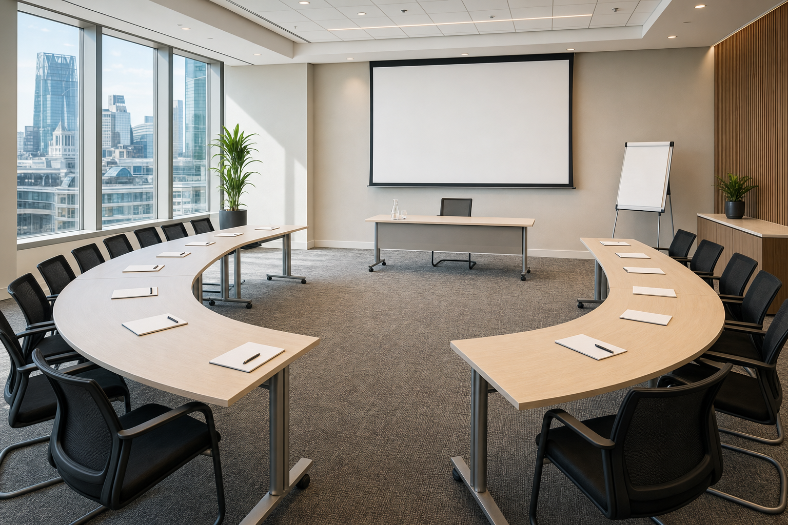 Modern conference room with U-shaped table setup, blank projection screen, and cityscape view through windows.