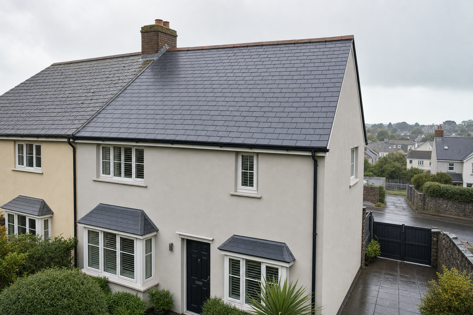 Semi-detached house with grey slate roof, bay windows, and black front door on a rainy day.