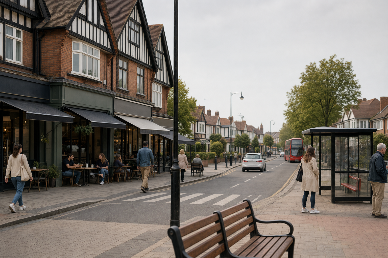 A quiet street with Tudor-style shops, people walking by, and a red double-decker bus approaching a bus stop.