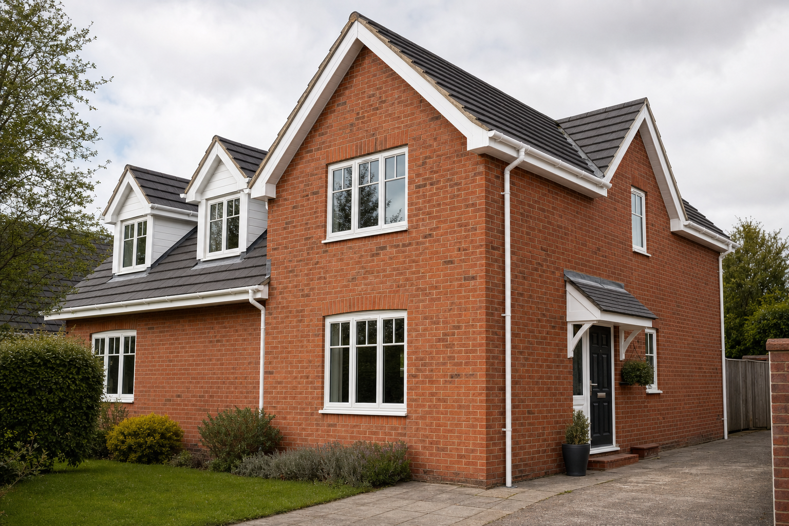 A modern red-brick detached house with a black front door, white window frames, and a neatly trimmed lawn.