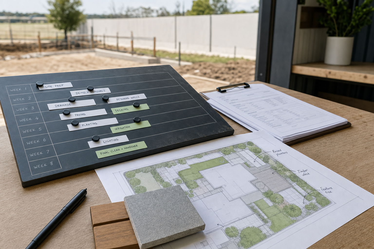 Landscape project timeline and plans on a table overlooking a garden site.