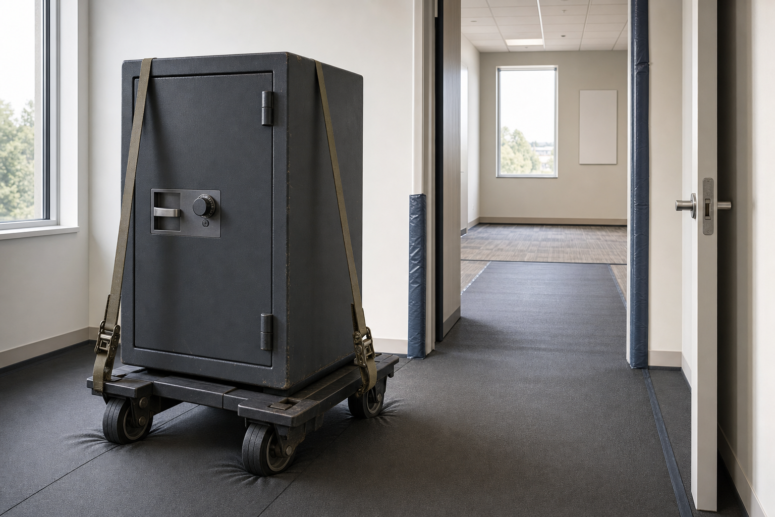 Large black safe strapped to a dolly is positioned in an office corridor with open doors.