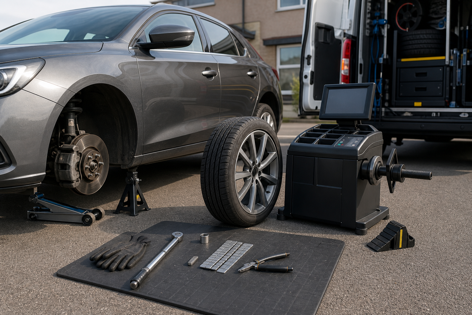 Car undergoing tire replacement with tools laid out on a mat beside it.