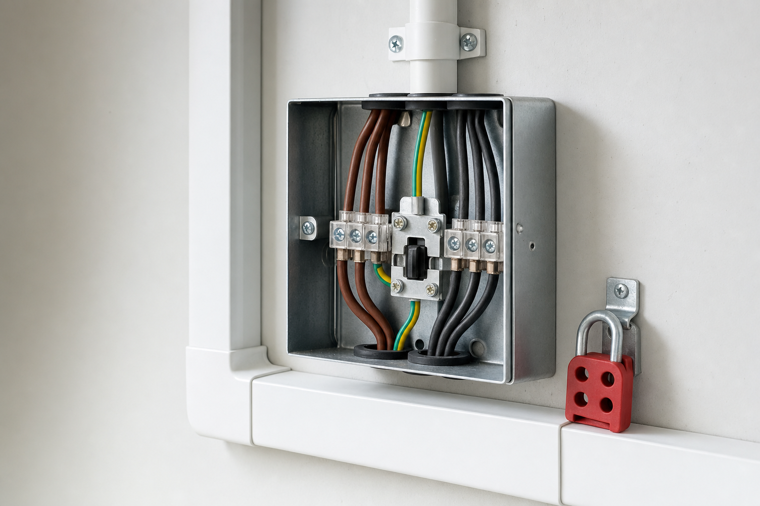 Electrical junction box with exposed wiring and a red lockout padlock on the side.