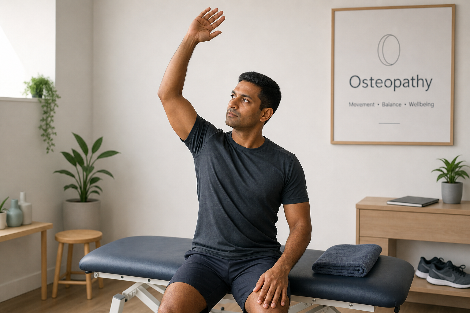 Man sitting on therapy table performing a stretching exercise in a modern osteopathy clinic.