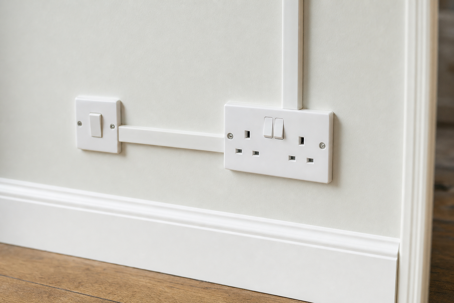 White wall with a double power socket and switch, featuring cable trunking, above a wooden floor.
