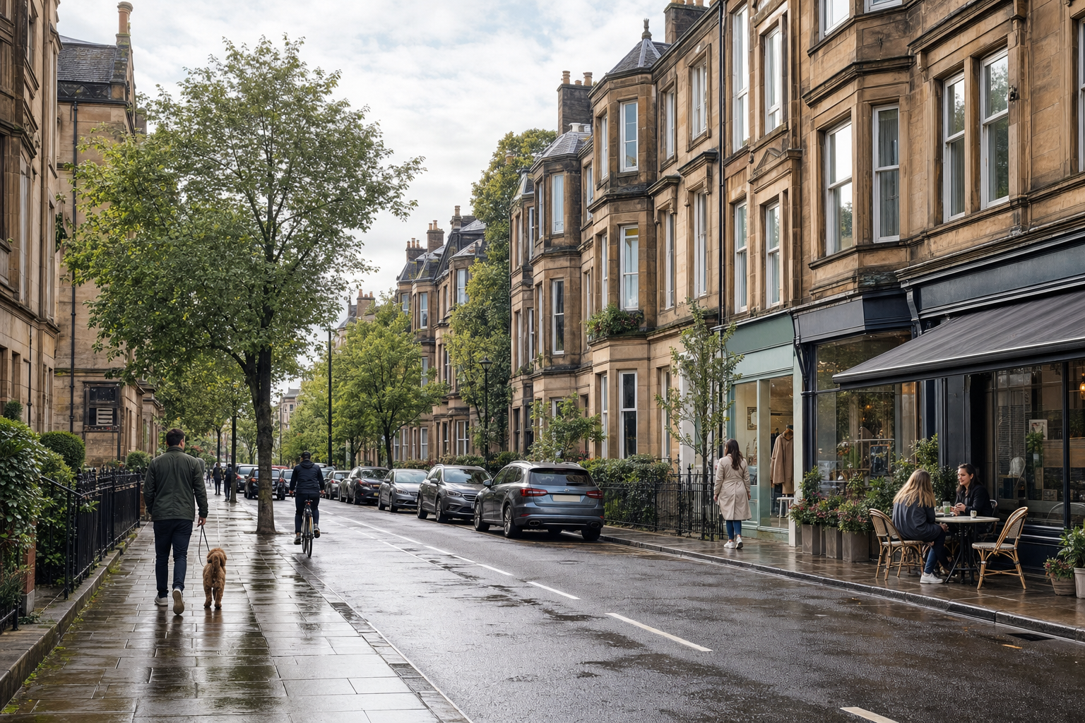 A rainy street scene with people walking, a cyclist, and patrons seated outside a café against a backdrop of historic buildings.