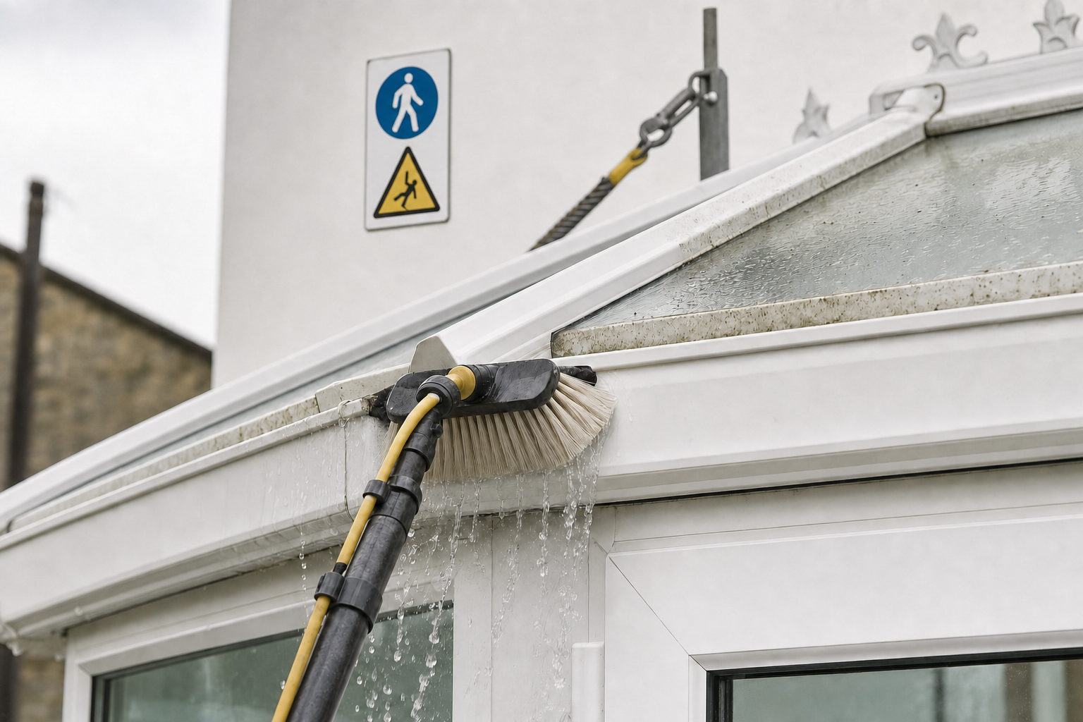 A cleaning brush with flowing water washes a glass roof under pedestrian and caution signs.