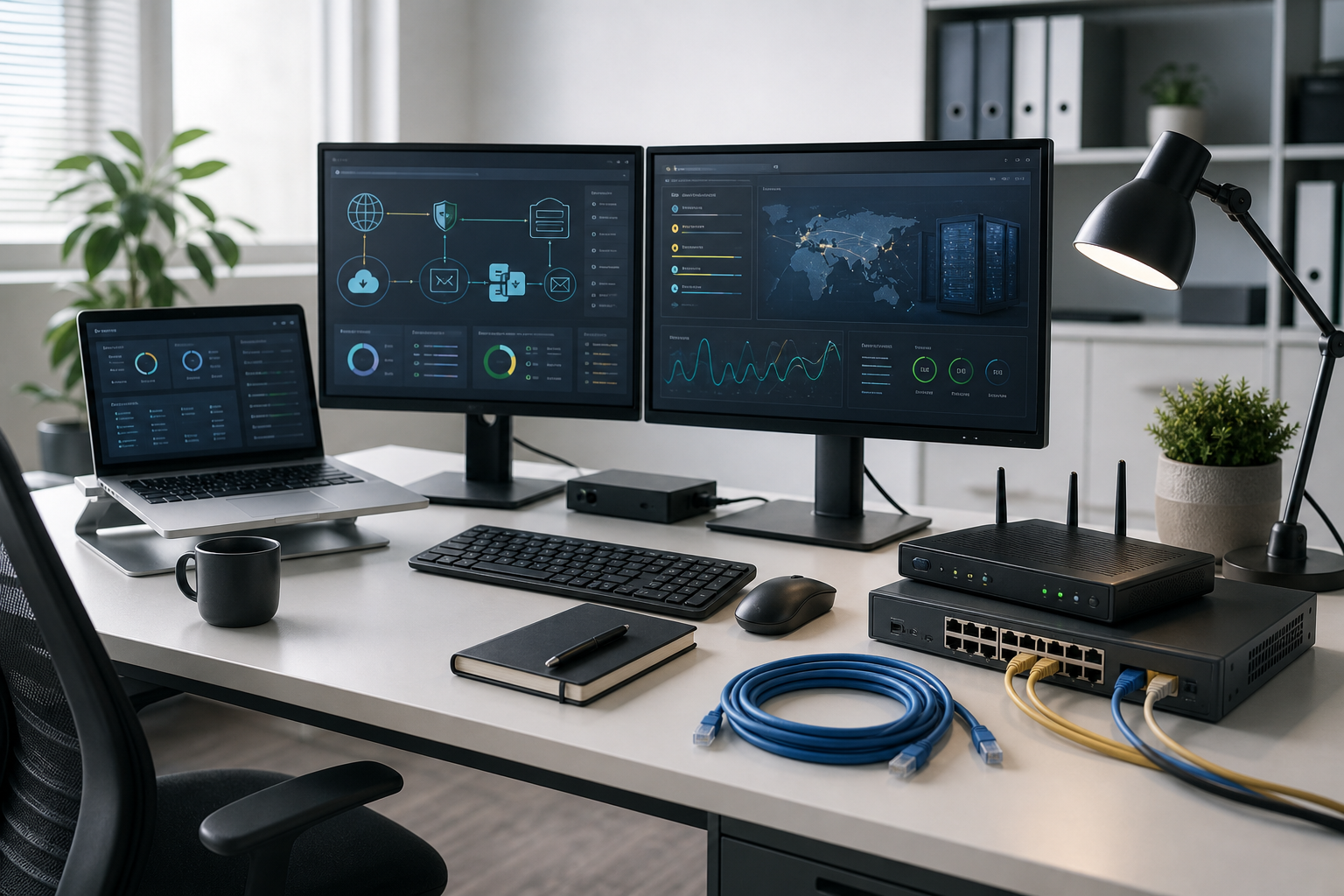 Modern office desk setup with multiple monitors displaying network data, a laptop, router, cables, and a desk lamp.