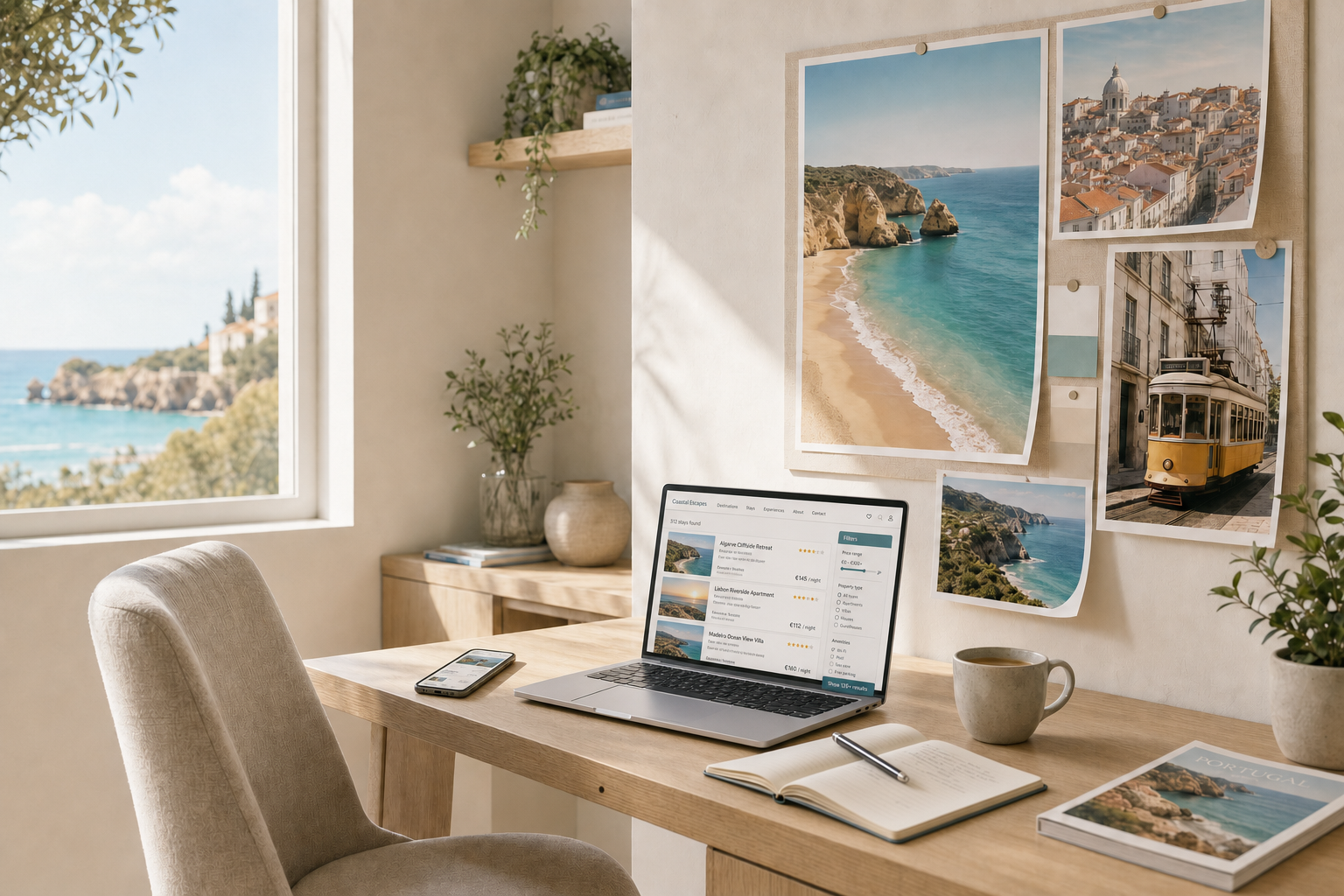 Laptop on a wooden desk in a sunlit room with coastal view and travel photos on the wall.