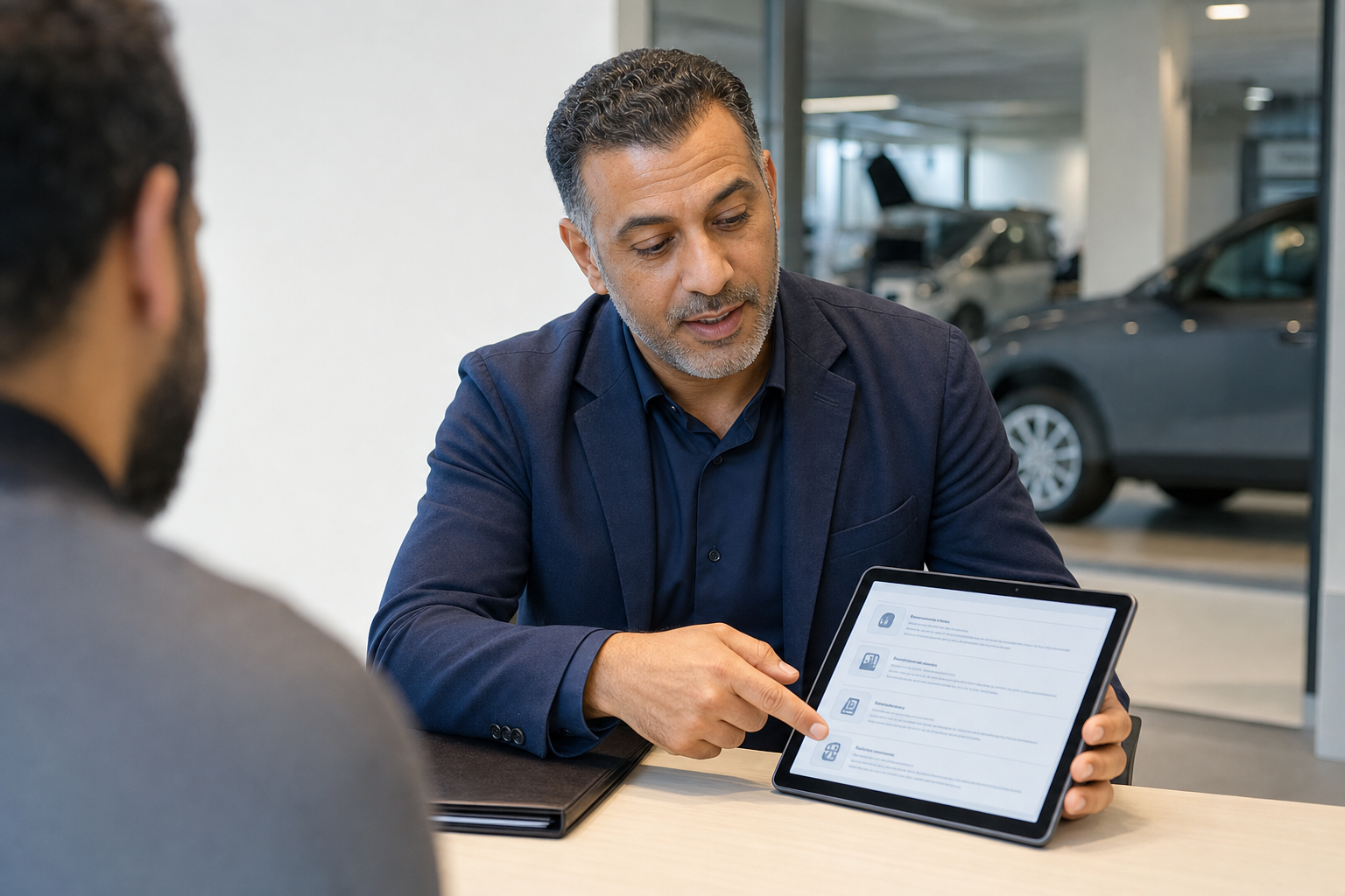 A man in a suit discusses information on a tablet with another person at a car dealership.