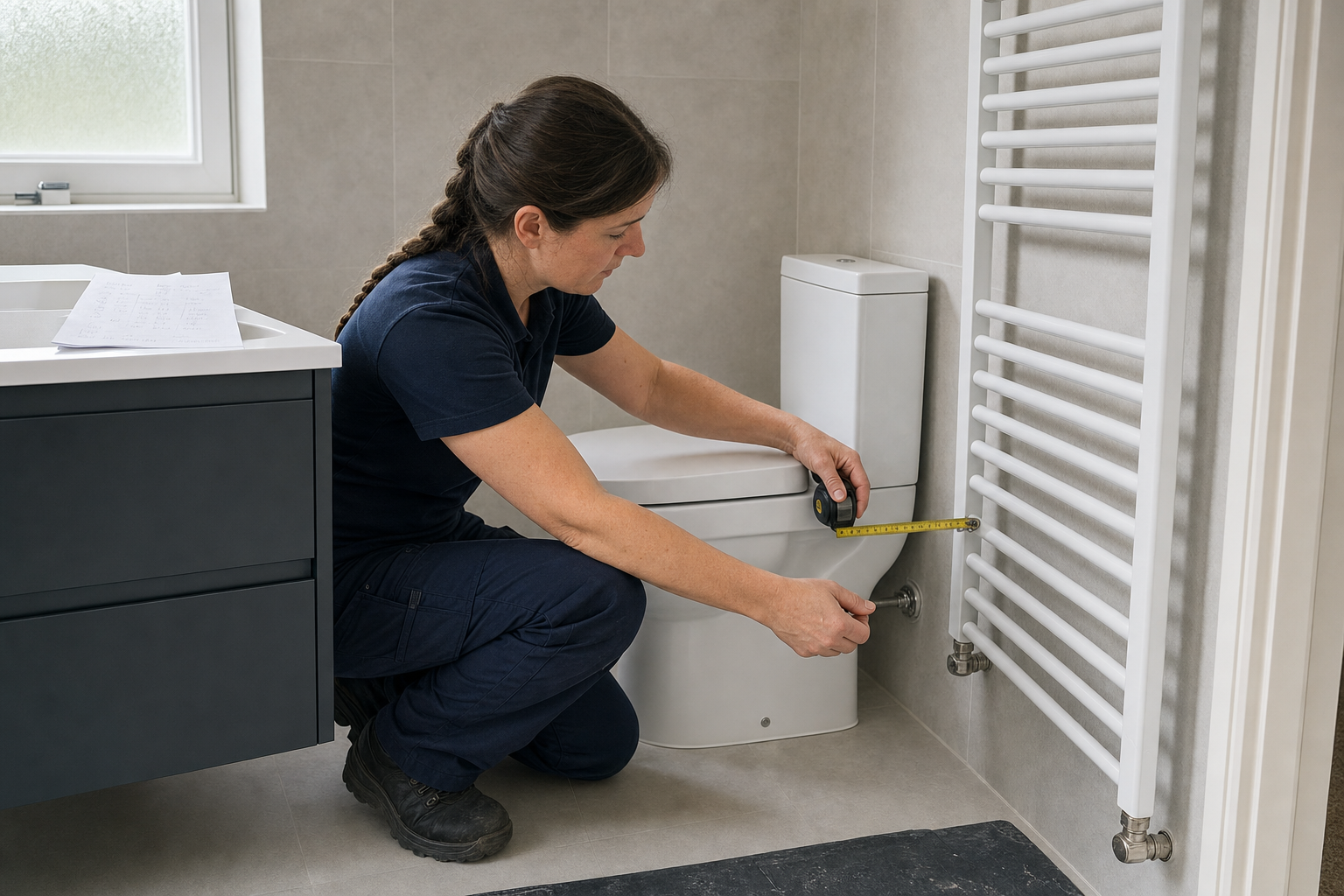 A plumber measures the distance between a toilet and a heated towel rail in a bathroom.