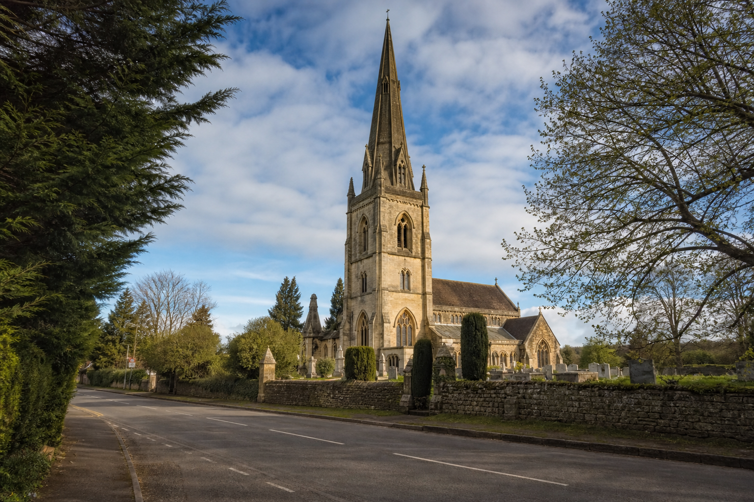 A historic stone church with a tall spire stands beside a quiet road lined with trees.