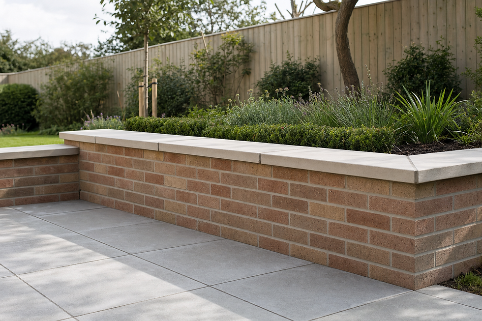 A brick garden planter runs along a tiled patio with a backdrop of a wooden fence and greenery.