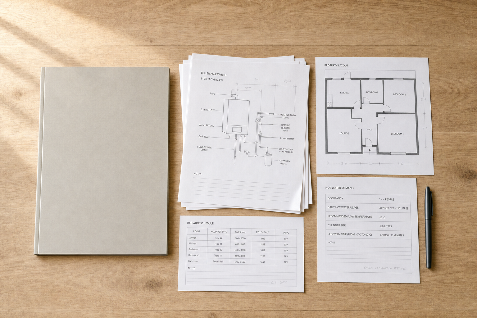 Architectural plans, schematics, and a pen are neatly arranged on a wooden desk.