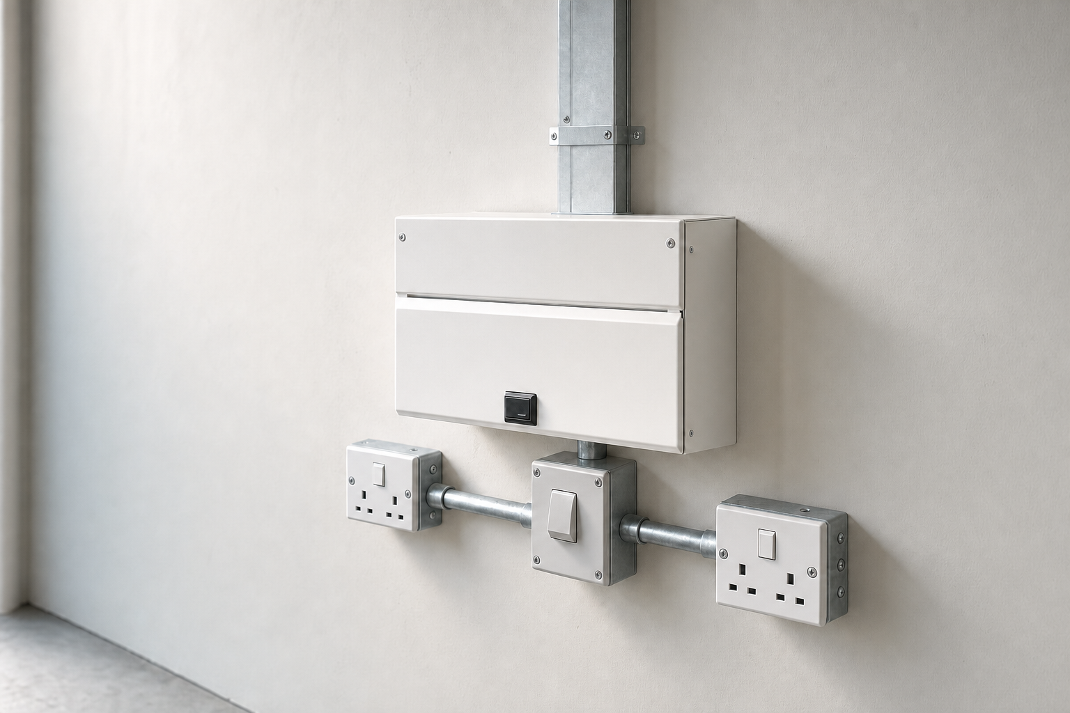 Electrical panel with metal conduits and double sockets mounted on a wall.