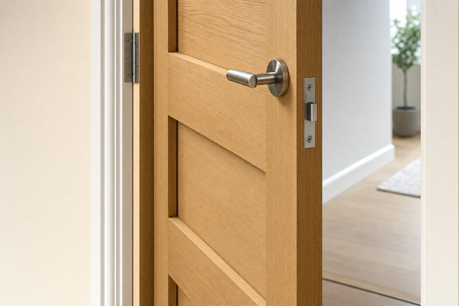 A wooden interior door is slightly ajar, revealing a modern hallway with a small plant.