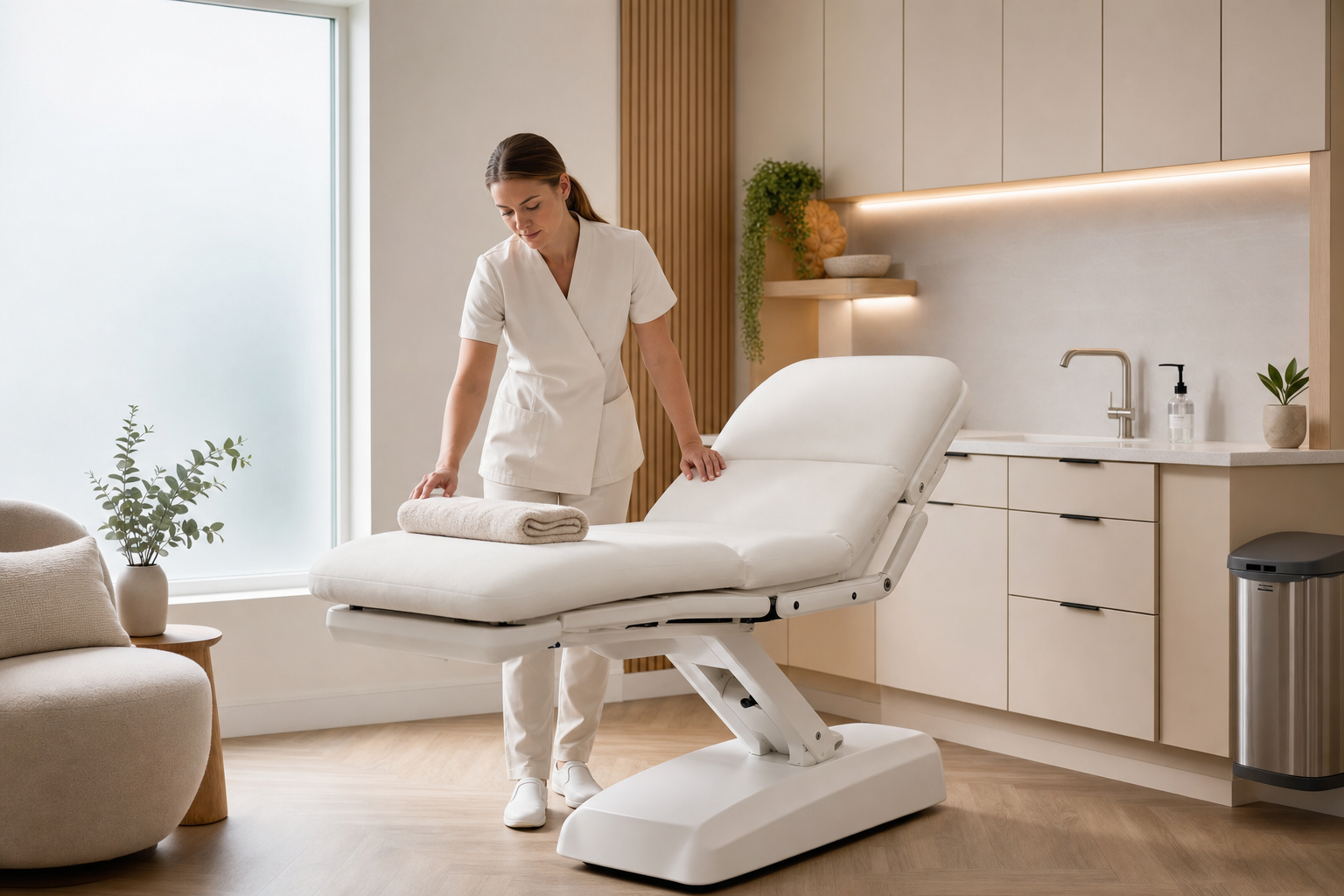 A woman in a white uniform prepares a massage table in a modern spa room.