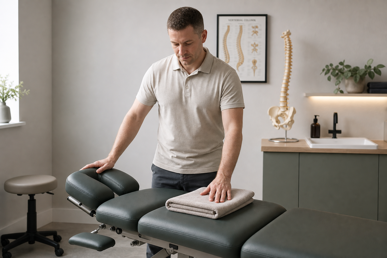 A man in a beige polo shirt arranges towels on a massage table in a clinical setting with anatomical models in the background.