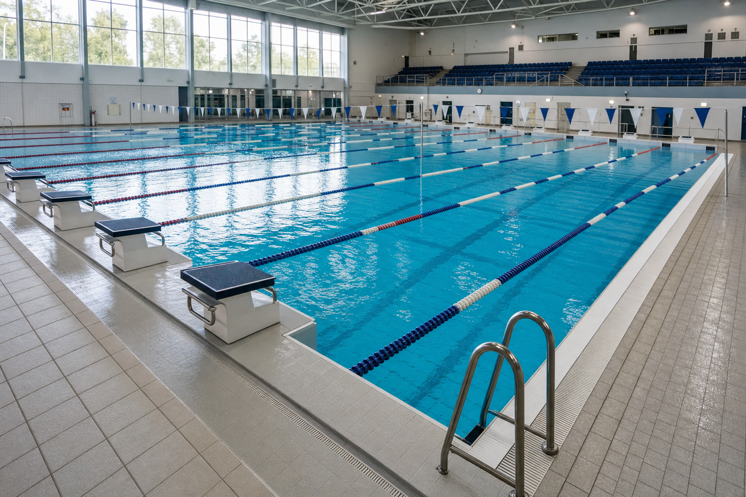 Indoor swimming pool with starting blocks and lanes, surrounded by empty seating and bright natural light from large windows.