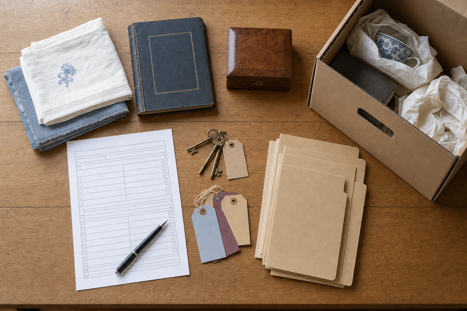 Assorted packing materials, a ledger, keys, and a cup are arranged on a wooden table.