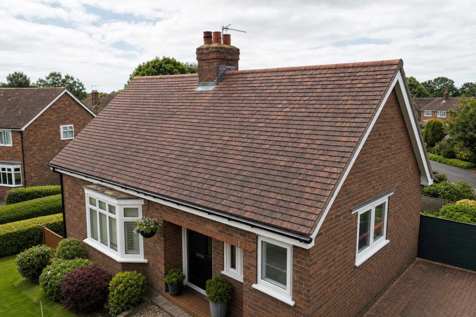 Brick bungalow with a red tiled roof, surrounded by a neatly manicured garden and other similar houses.