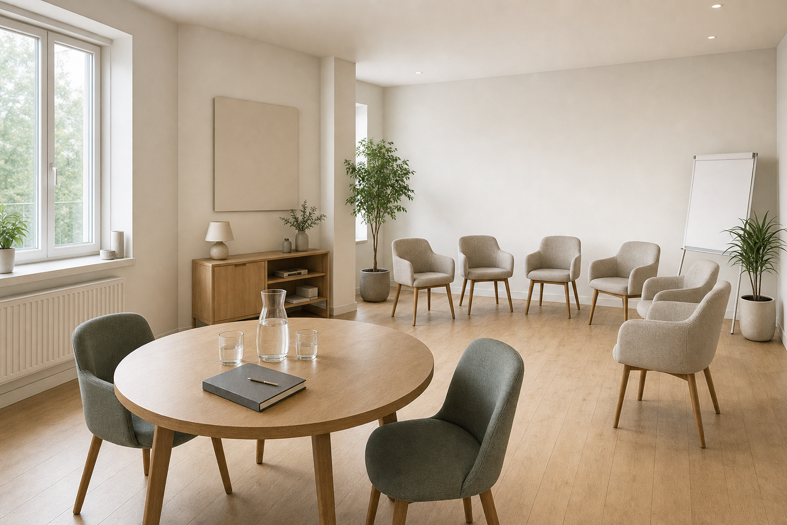 A modern, minimalist meeting room with a round table, chairs, and a flip chart, featuring soft lighting and wooden flooring.