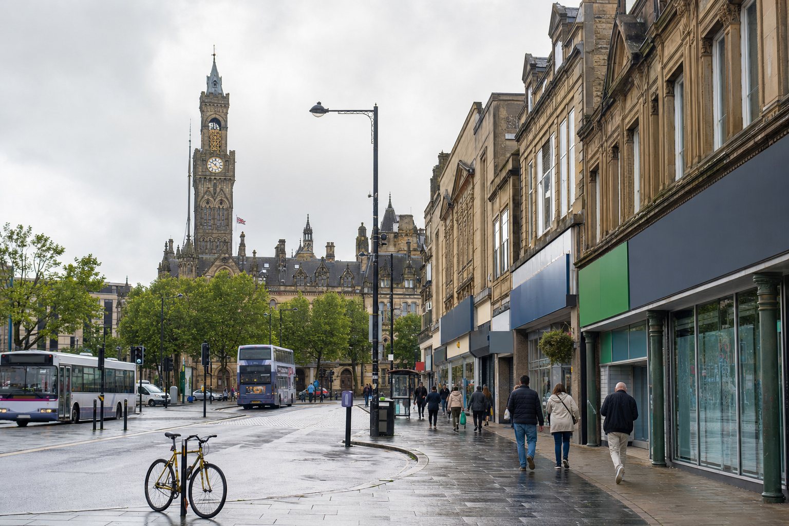 Street scene with pedestrians and buses near a historic building on a cloudy day.
