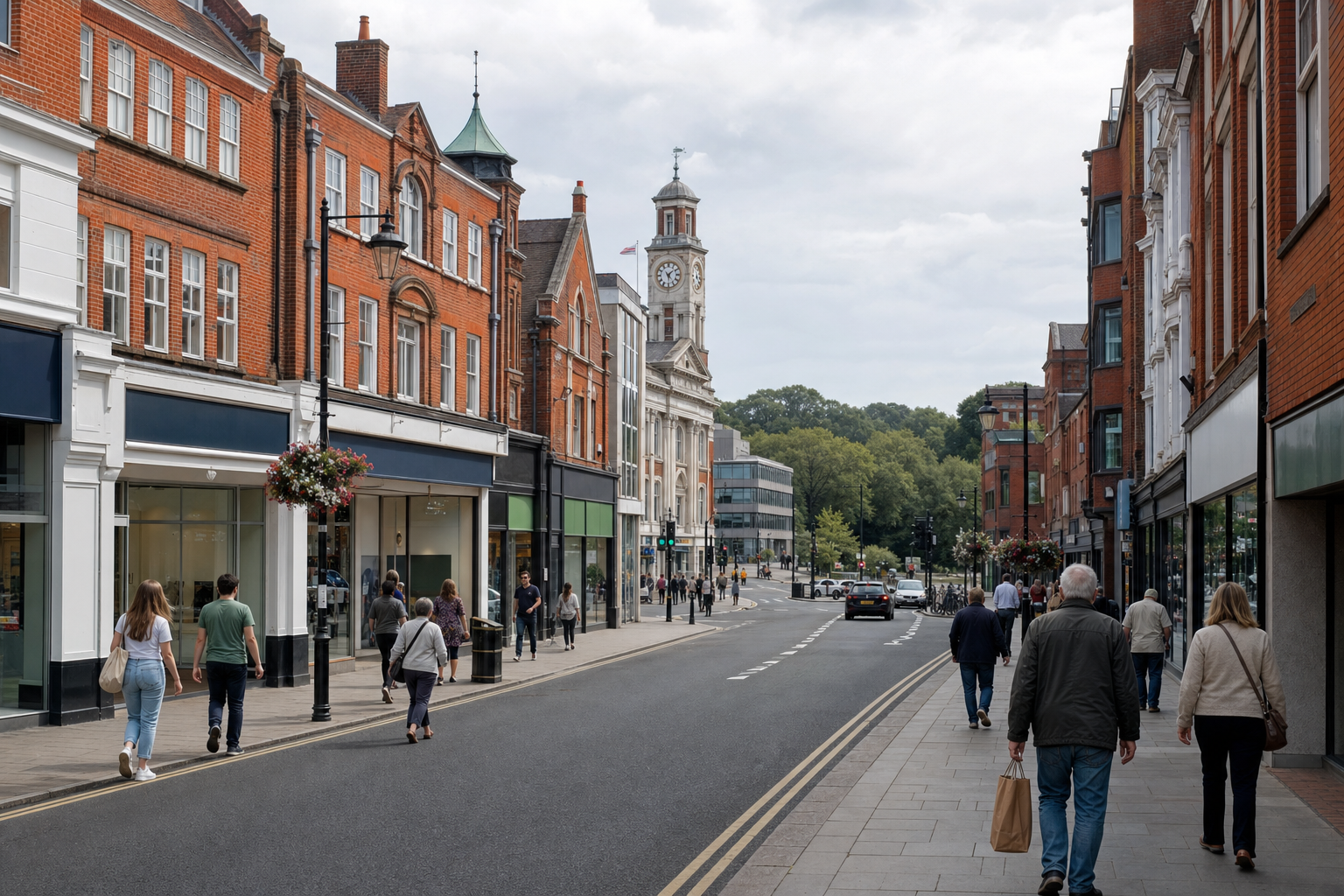 People walk along a bustling street lined with historic red-brick buildings and a prominent clock tower.