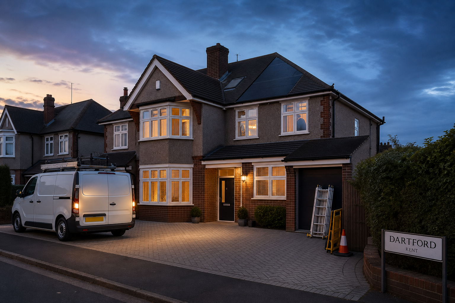 A modern detached house in Dartford at dusk, with a lit interior visible and a white van parked on the driveway.