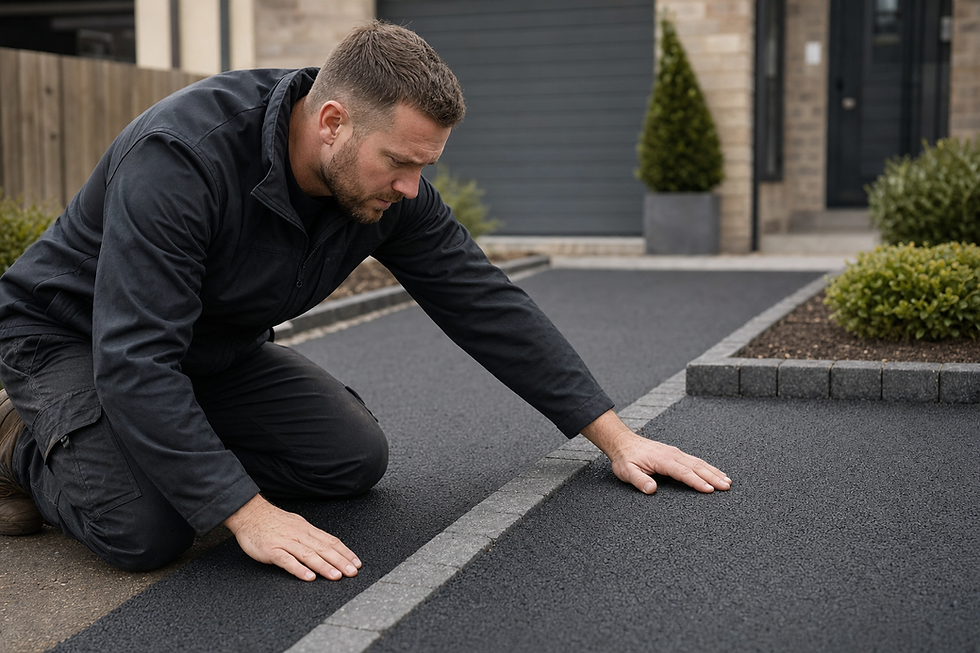 Man inspecting a freshly laid tarmac driveway in front of a modern house.