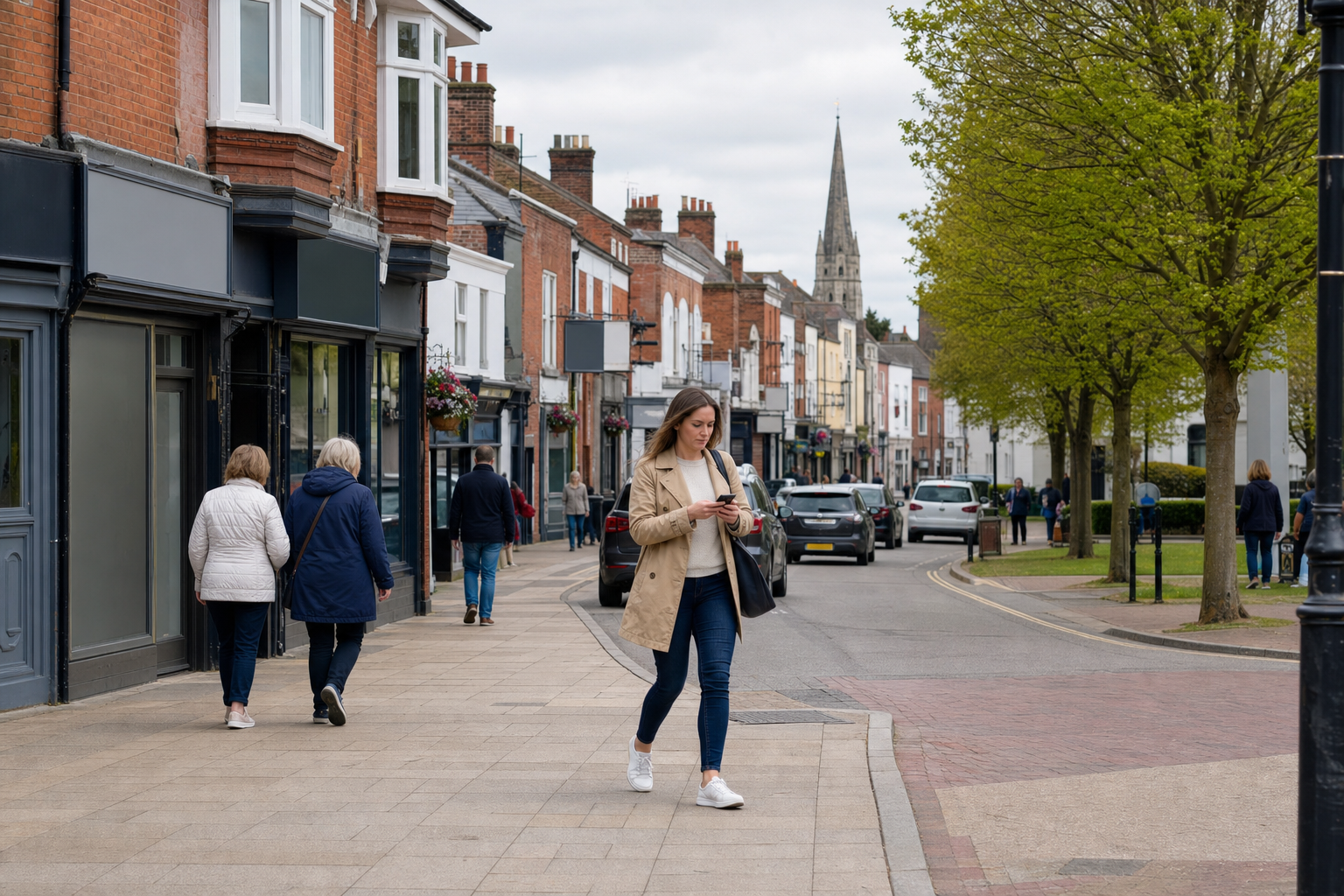 A woman walks down a pedestrian-friendly street lined with shops and trees, checking her phone.